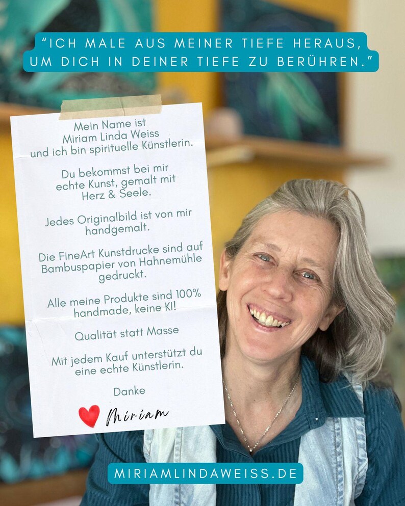 Die Künstlerin Miriam Linda Weiss ist zu sehen im Profil. Ihr Wahlspruch: "Ich male aus meiner Tiefe heraus, um Dich in Deiner Tiefe zu berühren". Der Text beschreibt ihre Werte