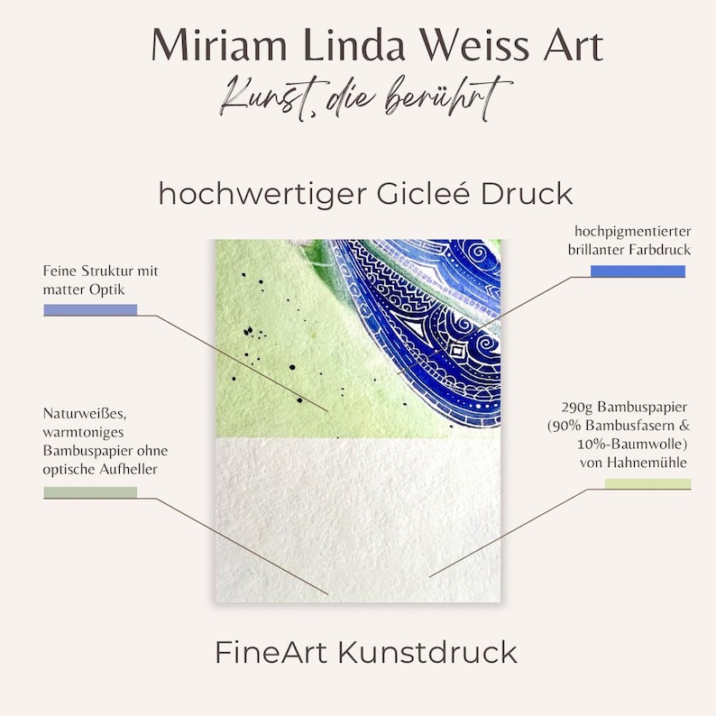 Beschreibung des Gicleé Druck mit den typischen Merkmalen an einem Kunstdruck Ausschnitt: brillante Farben, matte Optik, Bambuspapier von Hahnemühle, naturweiß