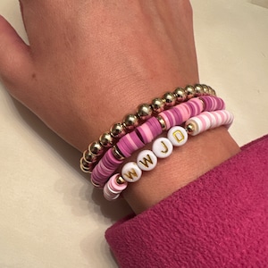 WWJD Purple & Pink Clay Christian Jewelery Jesus Bracelet | What Would Jesus Do Stack in Blue and Multicolor Pastel Heishi Style