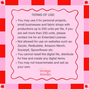 May include: A pink and red digital art graphic with the text "TERMS OF USE" and usage guidelines. The design includes a pink wavy border and a red and pink checkered pattern background. The text is in black.