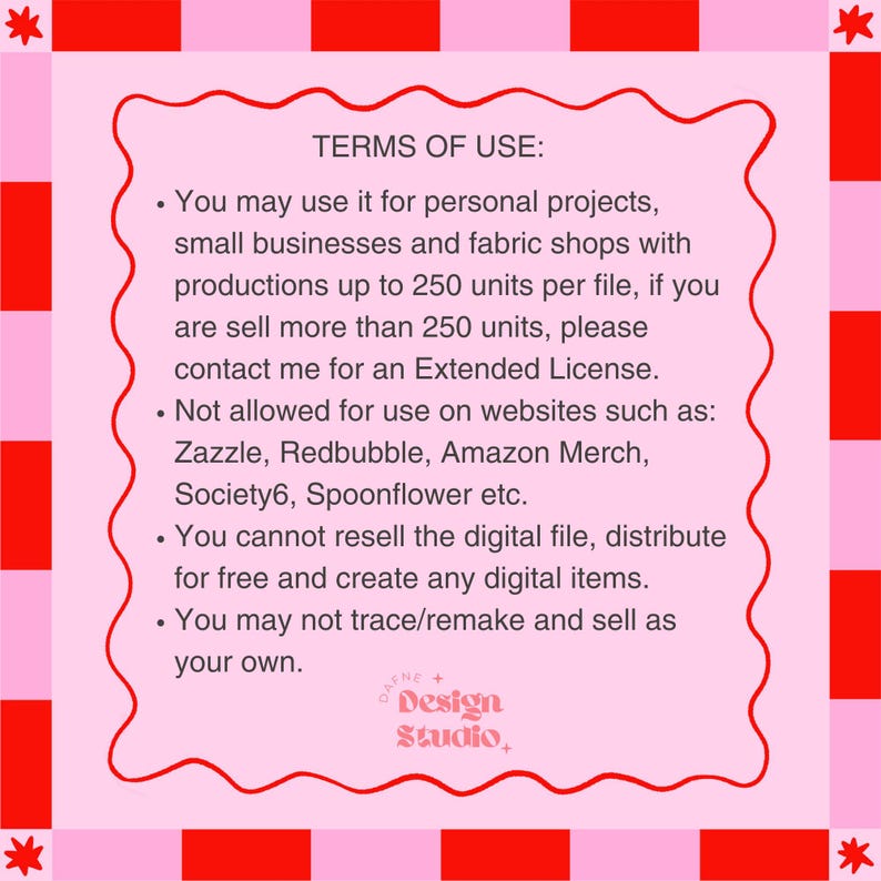 May include: A pink and red digital art graphic with the text "TERMS OF USE" and usage guidelines. The design includes a pink wavy border and a red and pink checkered pattern background. The text is in black.