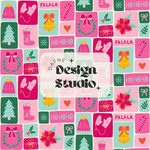 May include: A festive Christmas-themed pattern featuring various holiday elements. The design includes pink, teal, and green squares with images of hats, mittens, bells, wreaths, and gift boxes. The text "FA LA LA" and "HO HO HO" are also present.