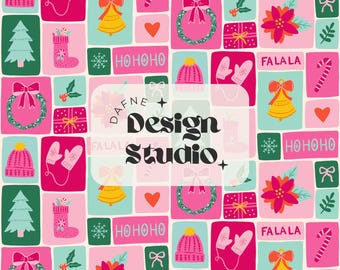 Nahtloses Weihnachts-Patchwork-Muster im Preppy-Stil in Rosa und Grün für den kommerziellen Gebrauch