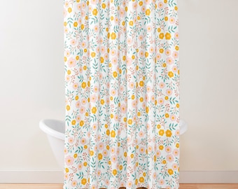 White shower curtain with minimalist flowers in pastel tones, pink, yellow and turquoise, boho and eclectic curtains, unique shower curtain.