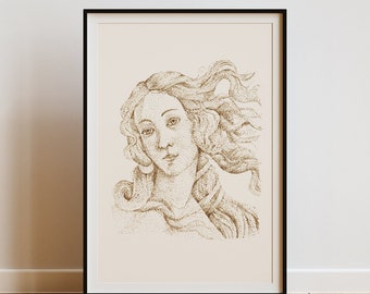 Botticelli art print. The face of Venus, Botticelli's art work in Pointillism. original art. Home decor Art minimalist