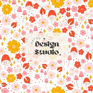 Motif floral sans couture, motif de Pâques et de printemps, motif de fleurs, champignons, coccinelle, motif pour tissu pour enfants et bébés, sublimation