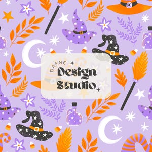 May include: A repeating pattern with Halloween motifs on a lilac backdrop. It features witch hats, brooms, stars, moons, leaves, and potion bottles. The design also includes the text "DAFNE + Design Studio".