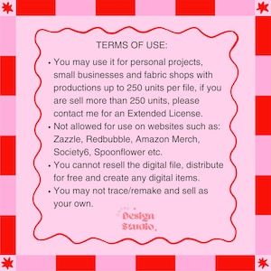 以下が含まれることがあります： 「TERMS OF USE:」のテキストと、個人プロジェクトや小規模ビジネスプロジェクトの使用権を詳述する箇条書きが特徴の、ピンクと赤のデジタルアートグラフィック。デザインには波状のボーダーと星のアクセントが含まれています。