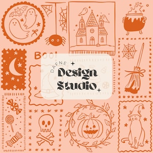Puede incluir: Un diseño de temática Halloween de color melocotón con ilustraciones en naranja. Incluye fantasmas, una casa embrujada, un caldero, una escoba de bruja, un gato con sombrero de bruja, una calabaza y el texto "DAFNE + Design Studio + Boot".