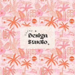 Patrón repetitivo Surf, Palm Springs, Patrón de verano, Patrón rosa y naranja, Archivo digital para uso comercial, Patrón Preppy para tela