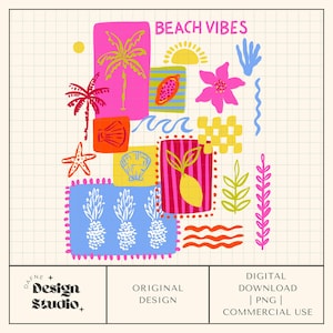 Puede incluir: Impresión de arte digital colorida con el texto "BEACH VIBES". El diseño presenta varias ilustraciones con temática de playa, incluyendo palmeras, una estrella de mar, conchas marinas y piñas. La obra de arte utiliza colores rosa brillante, azul, amarillo y naranja.