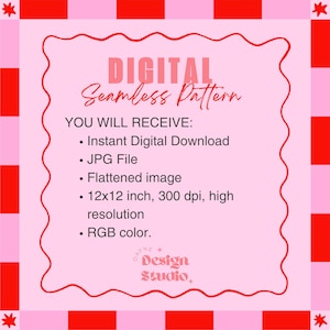 Puede incluir: Un gr&aacute;fico de patr&oacute;n digital sin costuras con fondo rosa y borde a cuadros rojos y rosas. El texto dice: DIGITAL Seamless Pattern, YOU WILL RECEIVE: Instant Digital Download, JPG File, Flattened image, 30,48x30,48 cm, 300 dpi, alta resoluci&oacute;n, color RGB, Dafne + Design Studio.
