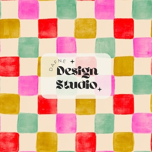 May include: A colorful pattern featuring a grid of watercolor squares in shades of pink, red, green, and yellow on a cream background. The text "DAFNE + Design Studio" is overlaid on the design.
