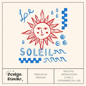 Puede incluir: Diseño digital con un sol rojo con rostro y la palabra "SOLEIL" en azul. El diseño incluye gotas de lluvia azules, olas y el texto "be", sobre un fondo de cuadrícula. Diseño de Design Studio.