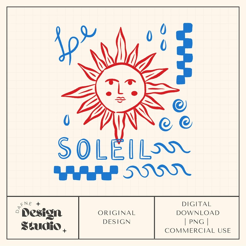May include: A digital design featuring a red sun with a face, surrounded by blue elements including raindrops, waves, and the word "SOLEIL". The design includes the text "be" and is set against a grid background.