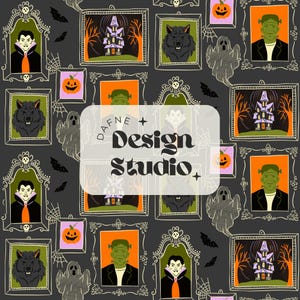Puede incluir: Patrón repetido con ilustraciones enmarcadas de personajes clásicos de Halloween como Drácula, Frankenstein y un hombre lobo, junto con casas encantadas y calabazas. El fondo es gris oscuro, con el texto "DAFNE + Design Studio".