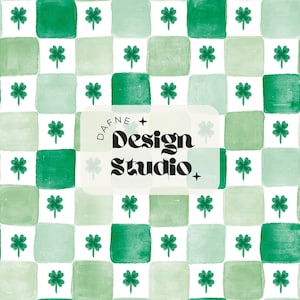 May include: A repeating pattern of alternating light and dark green watercolour-style squares on a white background, featuring small green four-leaf clovers in the centre of each square. A central overlay displays the text Dafne Design Studio.