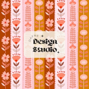 May include: A repeating floral pattern in shades of coral, pink, and brown. The design features stylized flowers and foliage arranged in vertical stripes. The text "DAFNE + Design Studio" is overlaid on a white rectangle.
