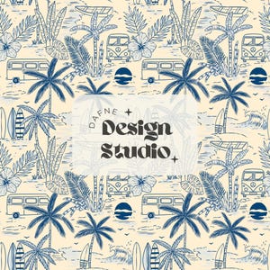 May include: A seamless pattern featuring a blue and white illustration of palm trees, surfboards, vans, and waves on a light yellow background. The text "Dafne Design Studio" is in the center of the pattern.