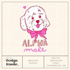 Puede incluir: Una ilustración digital de un perro blanco con un lazo, lengua y corazón rosas. El texto "ALPHA male" está debajo del perro. El diseño está sobre un fondo de cuadrícula con el texto "DAFNE + Design Studio + ORIGINAL DESIGN DIGITAL DOWNLOAD | PNG | COMMERCIAL USE".
