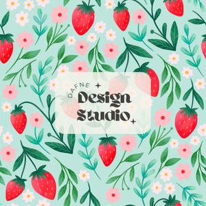 Strawberry and Flowers Seamless Pattern, Strawberry Seamless File, Retro Fruit Seamless, Fruit Pattern for Custom Fabric, Digital Paper, jpg
