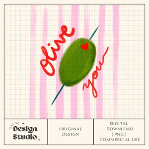 Puede incluir: Ilustración digital de una aceituna verde atravesada por un pincho turquesa, con un corazón rojo y las palabras "Olive you" en escritura roja. El fondo tiene rayas verticales rosas sobre una cuadrícula. Descarga digital.