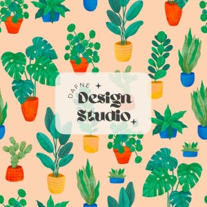 Plant Lover Digital File, Patrón de Jardinería, Patrón sin costuras de plantas de interior, Patrón de fondo Plant Lady, Patrón de suculentas