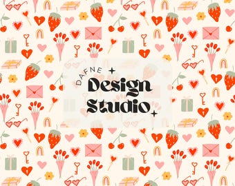 Valentine's Day Seamless Pattern, Cute things seamless, pink red and green, Digital File for commercial use
