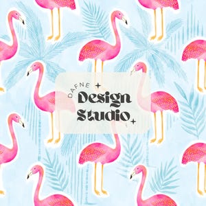 May include: A repeating pattern of pink flamingos with yellow legs and black beaks against a light blue background with blue palm fronds. The text "DAFNE + Design Studio +" is overlaid on the image.