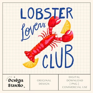 Puede incluir: Diseño digital con una langosta roja y el texto azul "LOBSTER Lovers CLUB". El diseño incluye dos gajos de limón amarillos. El fondo es una cuadrícula color crema. Para uso comercial.