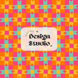 May include: A repeating geometric pattern featuring a grid of orange, hot pink, yellow, and teal cross-shaped motifs. Centered is a white rectangular label with rounded corners containing the black text Dafne Design Studio and two small stars.