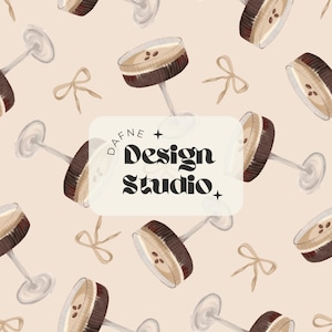 May include: Watercolor pattern featuring martini glasses with a coffee-colored drink and brown rim, scattered with tan bows on a light peach background. The text "DAFNE + Design Studio" is in a white rectangle.