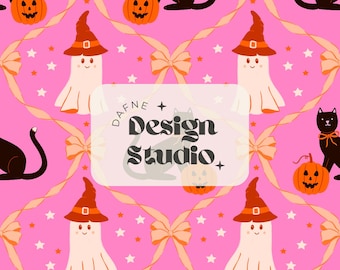 Cute Spooky Halloween Seamless, Patrón fantasmas y gato negro, Patrón Halloween para niña, Patrón halloween calabaza, Archivo digital