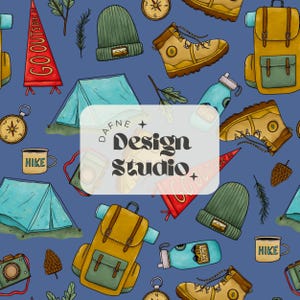 May include: A seamless pattern featuring various camping and hiking themed illustrations, including a blue tent, a green backpack, a red and white pennant with the text "GO OUTSIDE", a blue water bottle, a green beanie, a brown hiking boot, a compass, a brown camera, a pine cone, a mug with the text "HIKE", and a white rectangle with the text "DAFNE Design Studio".