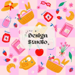 Pink Summer Picnic Seamless Pattern, with books and strawberry jam, digital file for commercial use