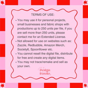 May include: A pink and red digital art graphic with the text "TERMS OF USE" and usage guidelines. The design includes a pink wavy border and a red and pink checkered pattern background. The text also includes the name "Daphne + Design Studio".