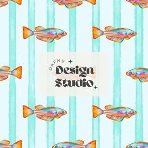 May include: A repeating pattern of colorful fish with orange, yellow, blue, and purple hues on a light blue background with vertical teal stripes. The design includes the text "DAFNE + Design Studio +" in a stylized font.