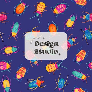 May include: A seamless pattern featuring colorful, stylized beetles on a dark blue background. The text "DAFNE Design Studio" is centered in a white rectangle.