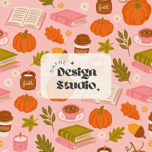 Motif sans couture d'automne, livres, café, motif citrouille d'automne, motif sans couture pour amoureux des livres, motif d'ambiance d'automne, motif de tissu