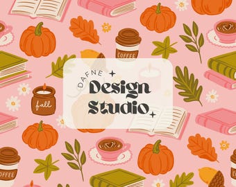Herbstliches Cottagecore-Nahtloses Muster mit Büchern und Kaffee, in Rosa und Orange, digitale Datei für kommerzielle Nutzung