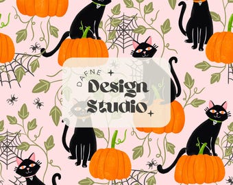 Black Cat Halloween Seamless, Cute Cats and Pumpkin Seamless, Fall Seamless, Seamless Halloween for fabric, Digital file for commercial use