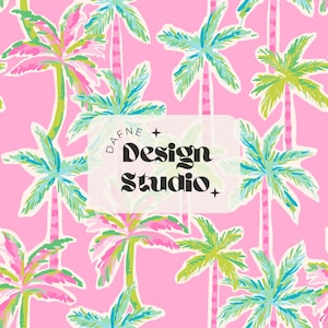 May include: A pink background featuring a repeating pattern of palm trees in green, blue, and pink. The image includes the text "DAFNE + Design Studio +" in a white rectangle.