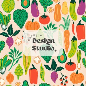 Puede incluir: Un patrón colorido con varias verduras y frutas, incluyendo aguacates, berenjenas, maíz, calabacín, zanahorias y pimientos. El patrón está sobre un fondo rosa claro e incluye el texto "Dafne Design Studio".
