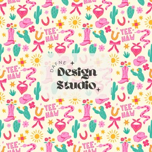 May include: A repeating pattern featuring cowboy boots, hats, cacti, horseshoes, bows, bandanas, and snakes in pink, turquoise, and yellow on a cream background. The words "Yee Haw" are also included in the design. The text "DAFNE + Design Studio +" is in the center.