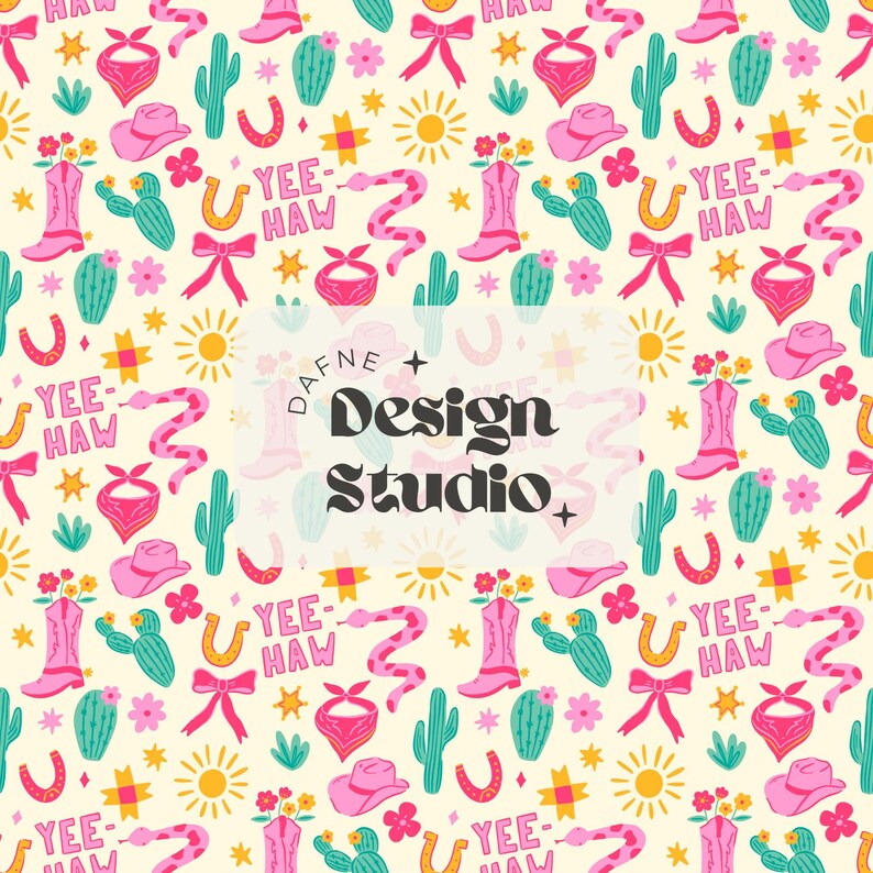 May include: A repeating pattern featuring cowboy boots, hats, cacti, horseshoes, bows, bandanas, and snakes in pink, turquoise, and yellow on a cream background. The words "Yee Haw" are also included in the design. The text "DAFNE + Design Studio +" is in the center.