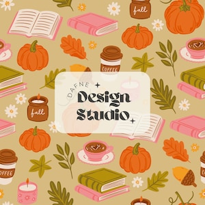 May include: A fall-themed pattern featuring pumpkins, books, coffee cups, candles, and leaves in shades of orange, pink, green, and brown. The text "DAFNE + Design Studio" is displayed in a white rectangle.