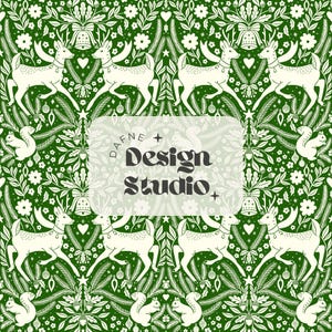 May include: A repeating pattern featuring white deer, squirrels, bells, and floral elements on a dark green background. The design includes the text "DAFNE + Design Studio" in a white rectangle. The overall theme is festive and nature-inspired.