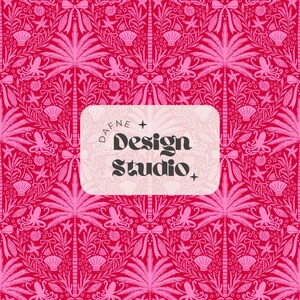 Puede incluir: Patrón sin costuras rosa y blanco con palmeras, conchas marinas, estrellas de mar, lazos y pulpos. El patrón está sobre un fondo rojo. El texto "DAFNE Design Studio" está en un rectángulo blanco.