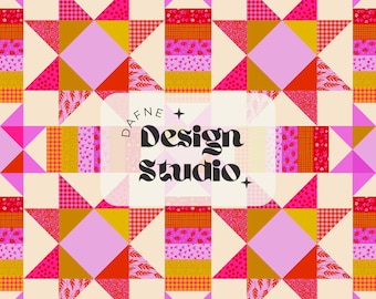 Patchwork nahtloses Muster in Rosatönen, im Hippie-Boho-Stil, digitale Datei für den kommerziellen Gebrauch