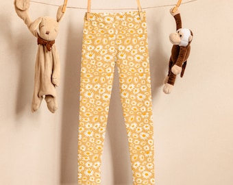 Daisy leggings, daisy flower field, yellow, hand design, cute children's design, girl gift leggings, flowers.